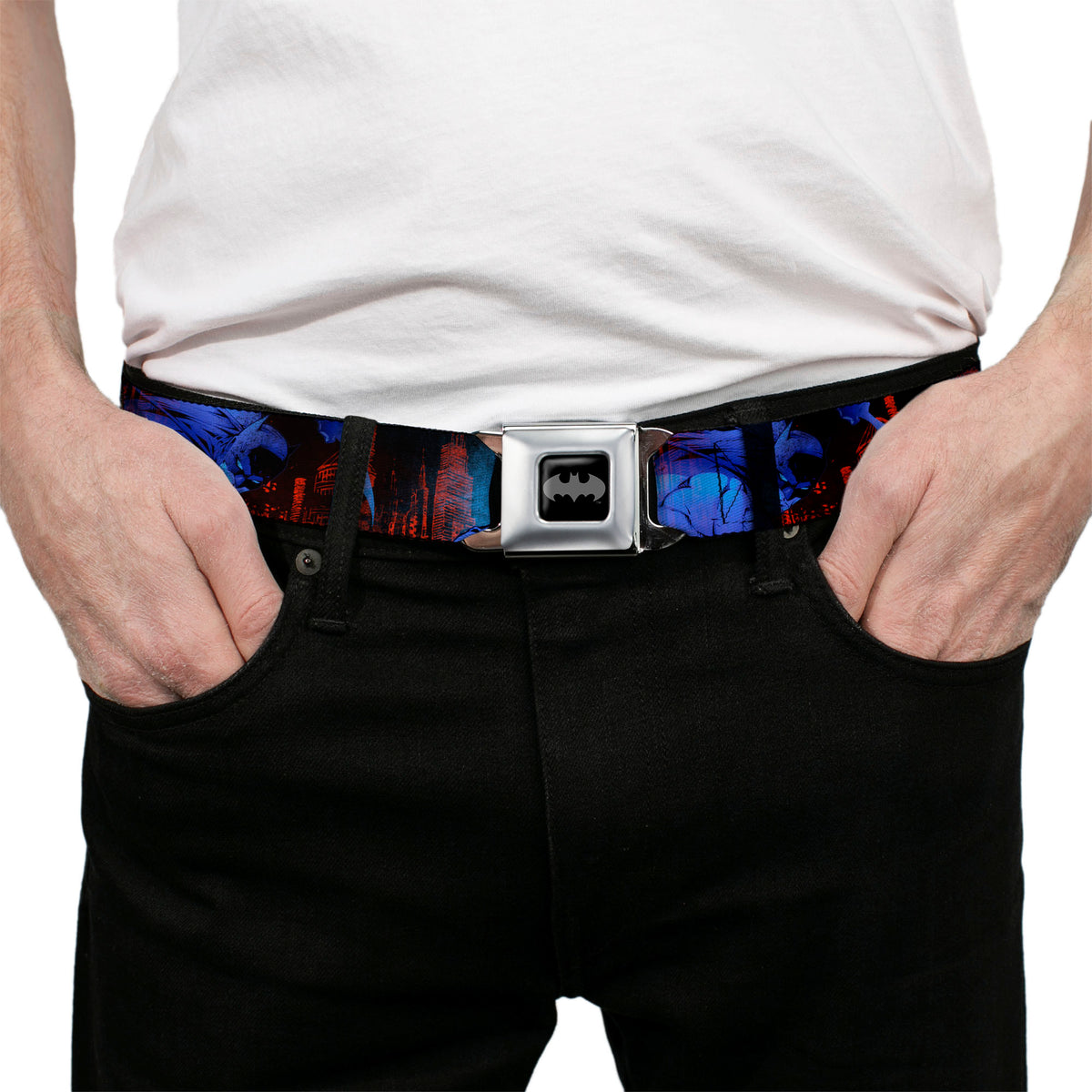 Batman Black Silver Seatbelt Belt - Batman 2-Poses-Buildings Black/Reds/Blues Webbing Seatbelt Belts DC Comics