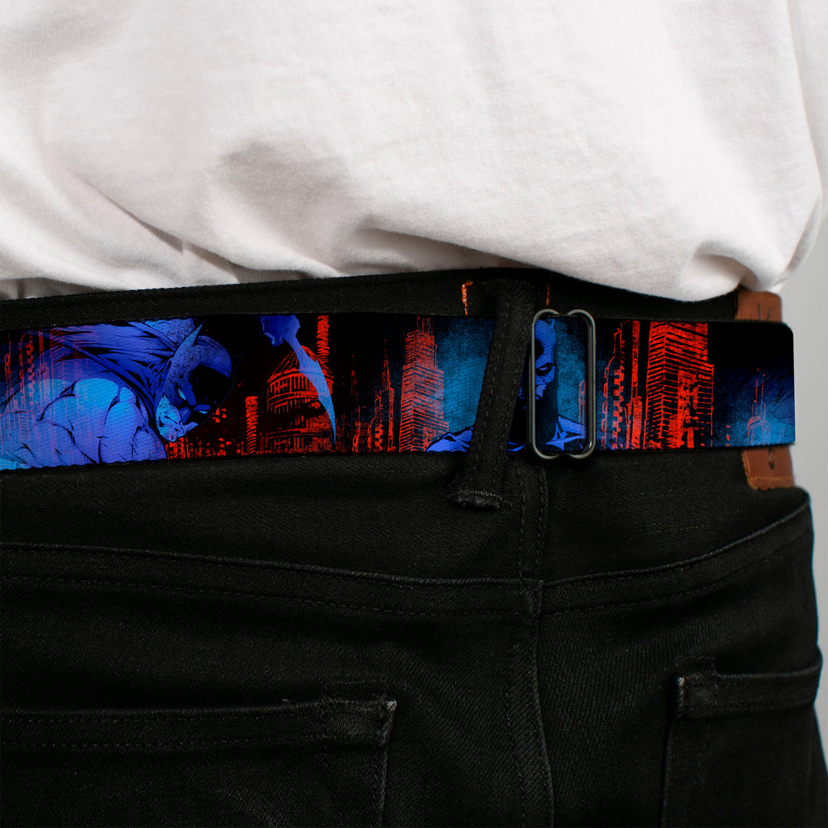 Batman Black Silver Seatbelt Belt - Batman 2-Poses-Buildings Black/Reds/Blues Webbing Seatbelt Belts DC Comics