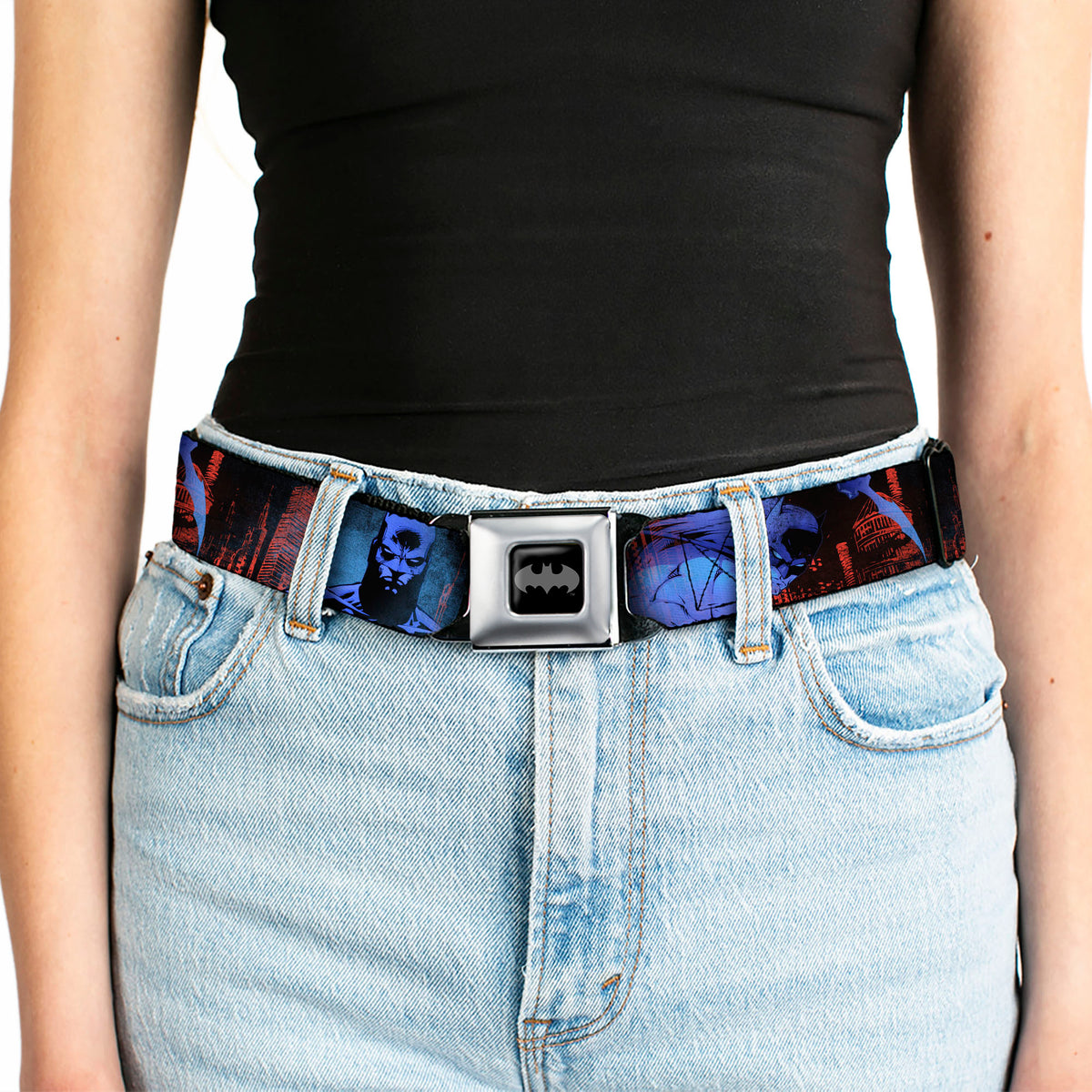 Batman Black Silver Seatbelt Belt - Batman 2-Poses-Buildings Black/Reds/Blues Webbing Seatbelt Belts DC Comics