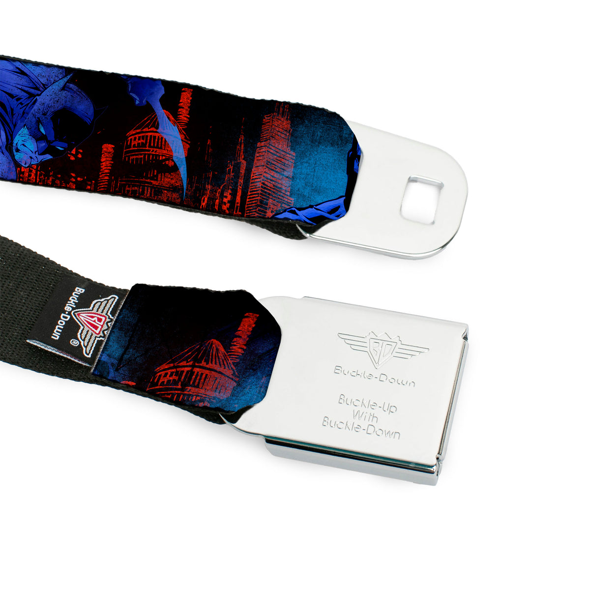 Batman Black Silver Seatbelt Belt - Batman 2-Poses-Buildings Black/Reds/Blues Webbing Seatbelt Belts DC Comics