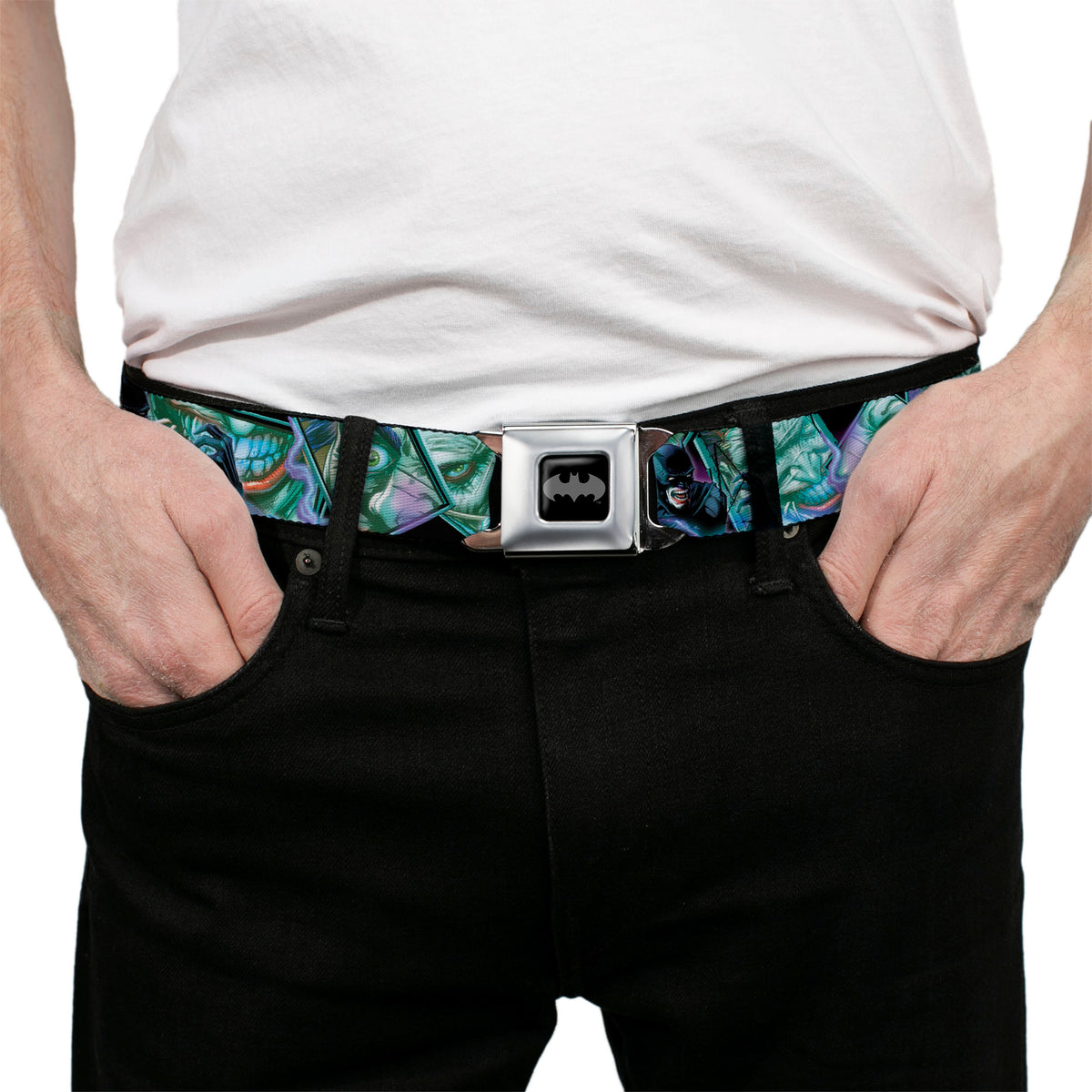 Batman Black Silver Seatbelt Belt - The New 52 Detective Comics Issue #16 Batman Screaming & Joker Expressions Cover Pose Webbing Seatbelt Belts DC Comics