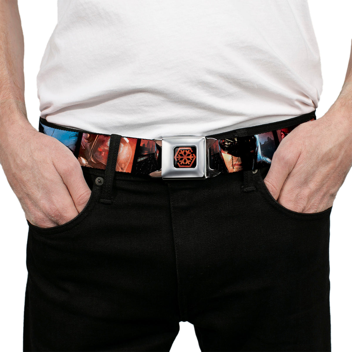 Arkham City Snowflake Full Color Black Red Seatbelt Belt - Batman Arkham City 3-Character/2-Scene Panels Webbing Seatbelt Belts DC Comics
