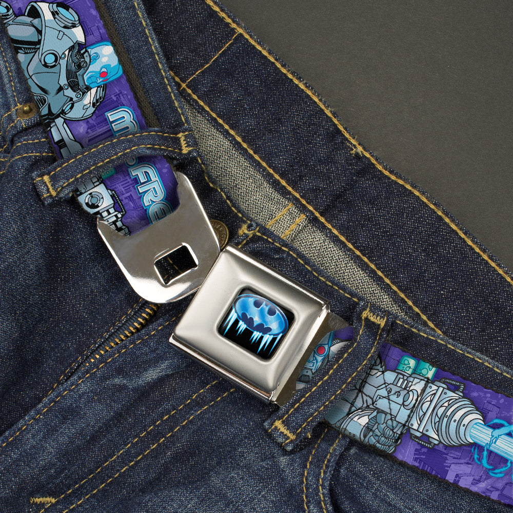 Frozen Batman Shield Full Color Black Blues Seatbelt Belt - MR. FREEZE Poses/Frozen Batman Shield Purples/Blues Webbing Seatbelt Belts DC Comics