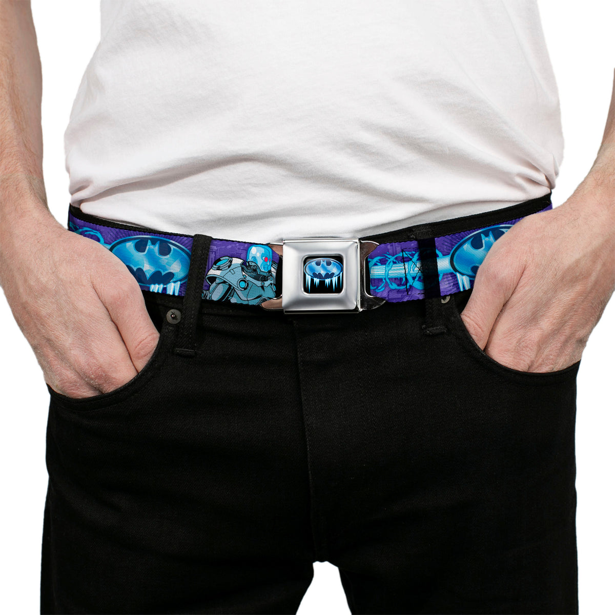 Frozen Batman Shield Full Color Black Blues Seatbelt Belt - MR. FREEZE Poses/Frozen Batman Shield Purples/Blues Webbing Seatbelt Belts DC Comics