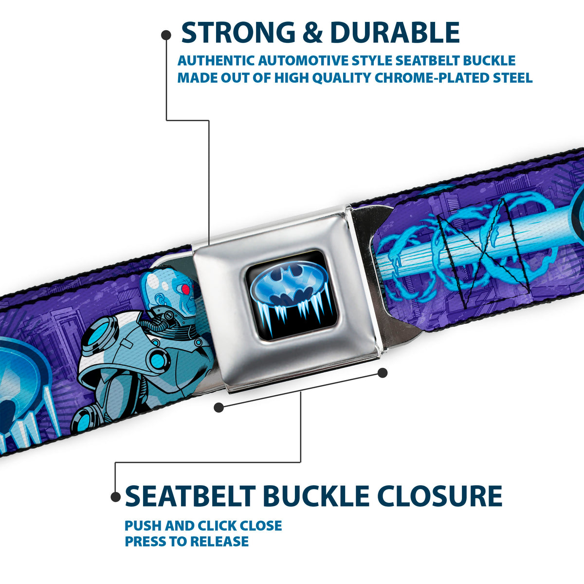 Frozen Batman Shield Full Color Black Blues Seatbelt Belt - MR. FREEZE Poses/Frozen Batman Shield Purples/Blues Webbing Seatbelt Belts DC Comics