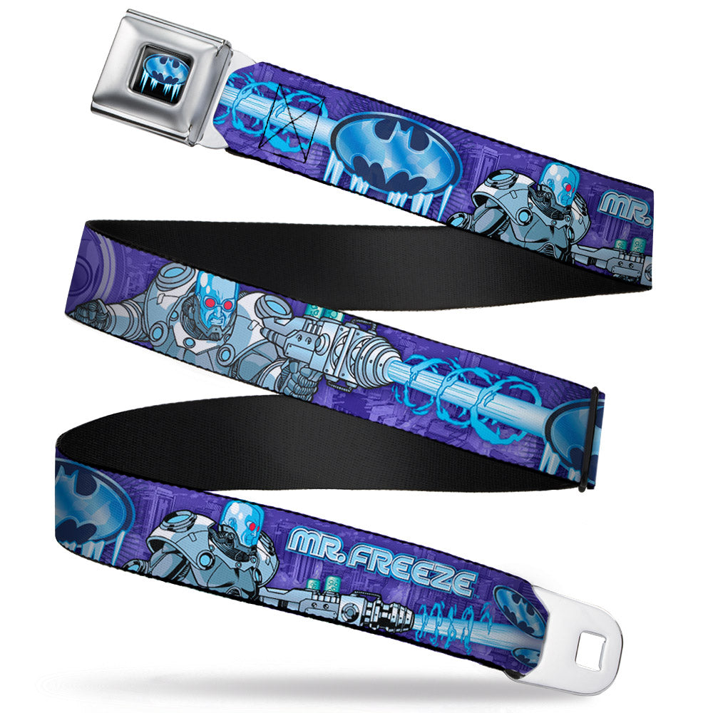 Frozen Batman Shield Full Color Black Blues Seatbelt Belt - MR. FREEZE Poses/Frozen Batman Shield Purples/Blues Webbing Seatbelt Belts DC Comics
