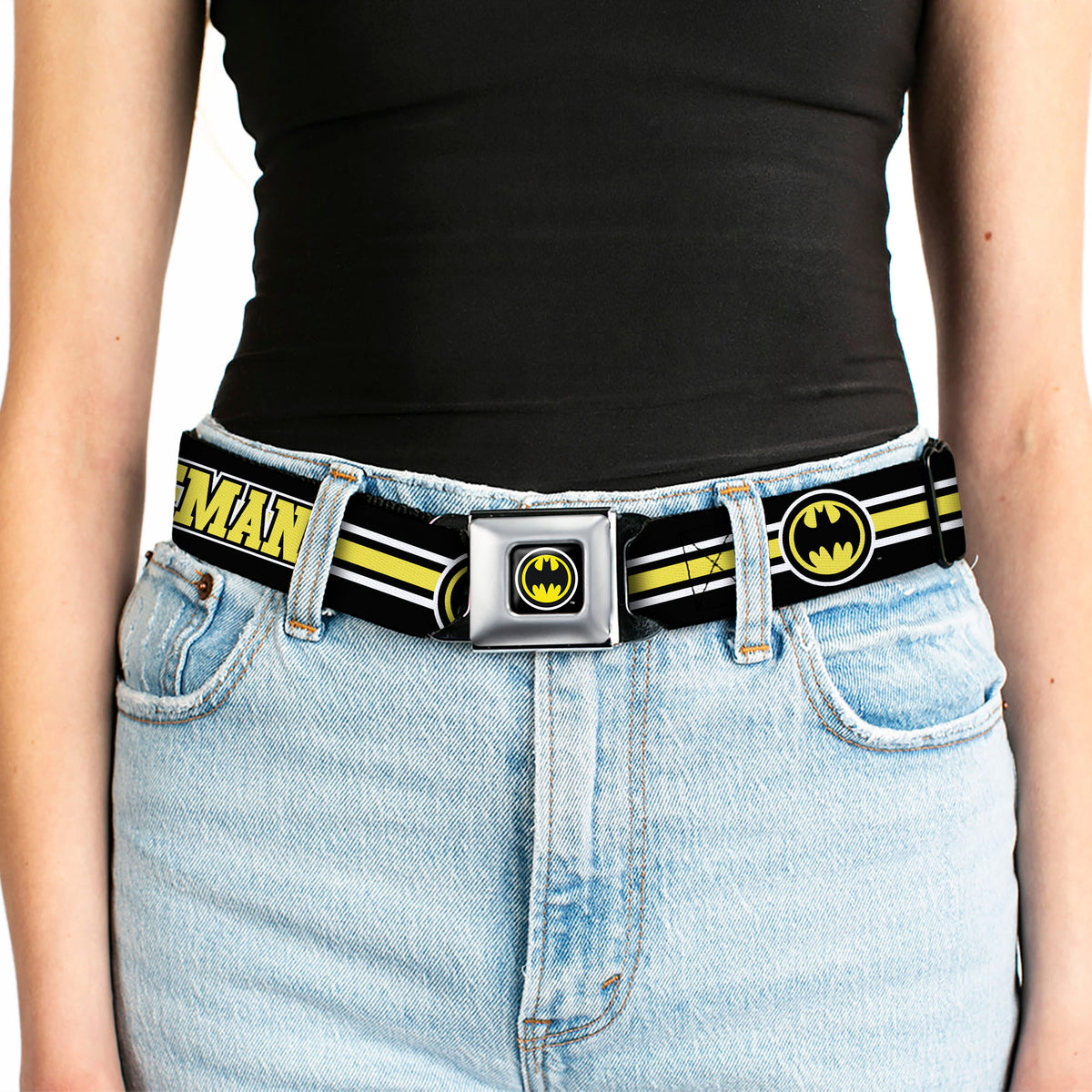 Bat Signal Full Color Black White Yellow Seatbelt Belt - BATMAN/Bat Signal Triple Stripe Black/White/Yellow Webbing Seatbelt Belts DC Comics