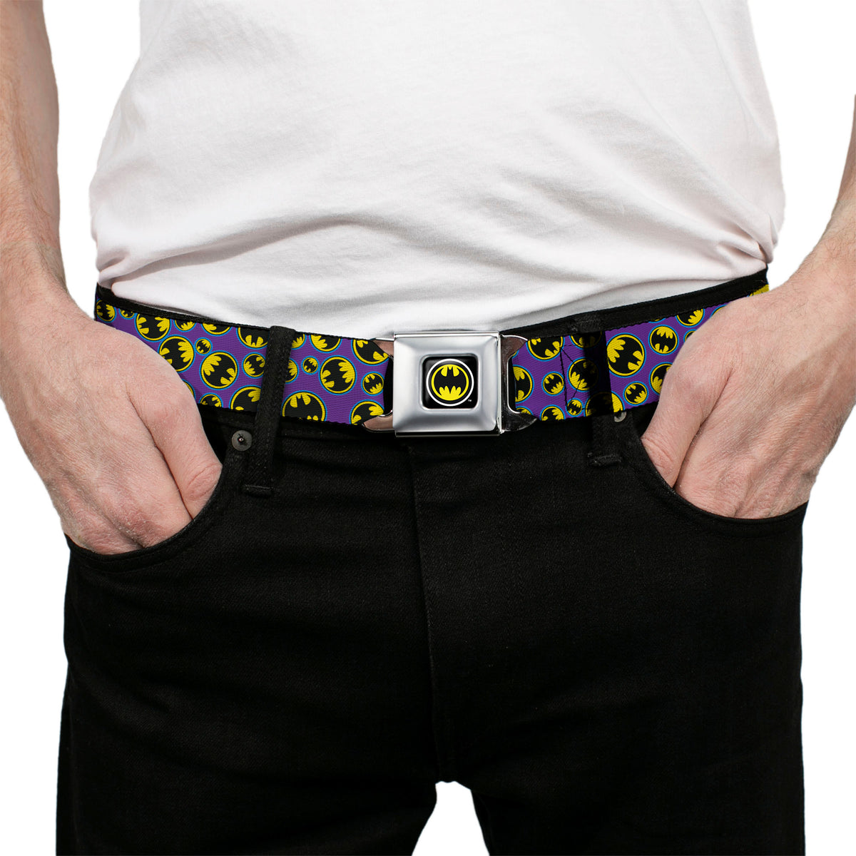 Bat Signal Full Color Black White Yellow Seatbelt Belt - Bat Signal Scattered Purple/Blue/Yellow/Black Webbing Seatbelt Belts DC Comics