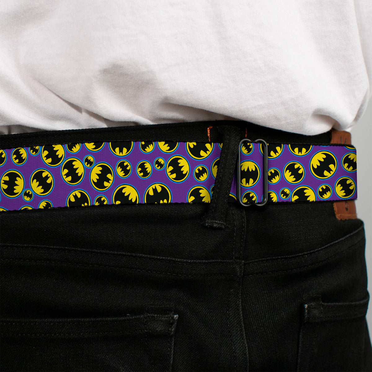 Bat Signal Full Color Black White Yellow Seatbelt Belt - Bat Signal Scattered Purple/Blue/Yellow/Black Webbing Seatbelt Belts DC Comics