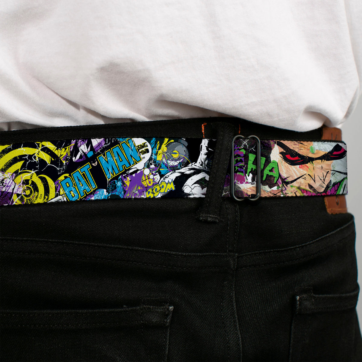 Batman Logo Full Color Black GOTHAM CITY Graffiti Seatbelt Belt - BATMAN/Joker Face CLOSE-UP Gotham City Graffiti Collage Webbing Seatbelt Belts DC Comics