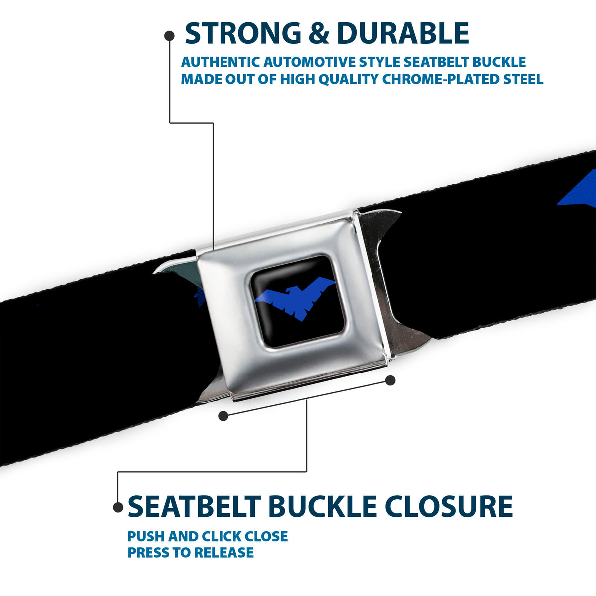 Nightwing Logo Full Color Black Blue Seatbelt Belt - Nightwing Logo Black/Blue Webbing Seatbelt Belts DC Comics