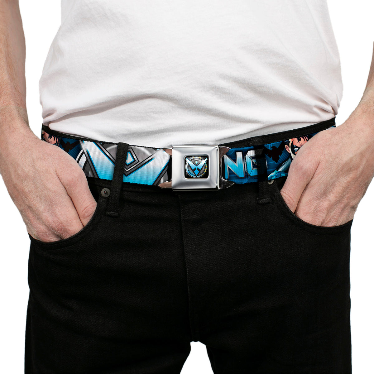 Nightwing Logo2 Full Color Black Blues Yellow Seatbelt Belt - NIGHTWING Poses/Logo Black/Blues Webbing Seatbelt Belts DC Comics