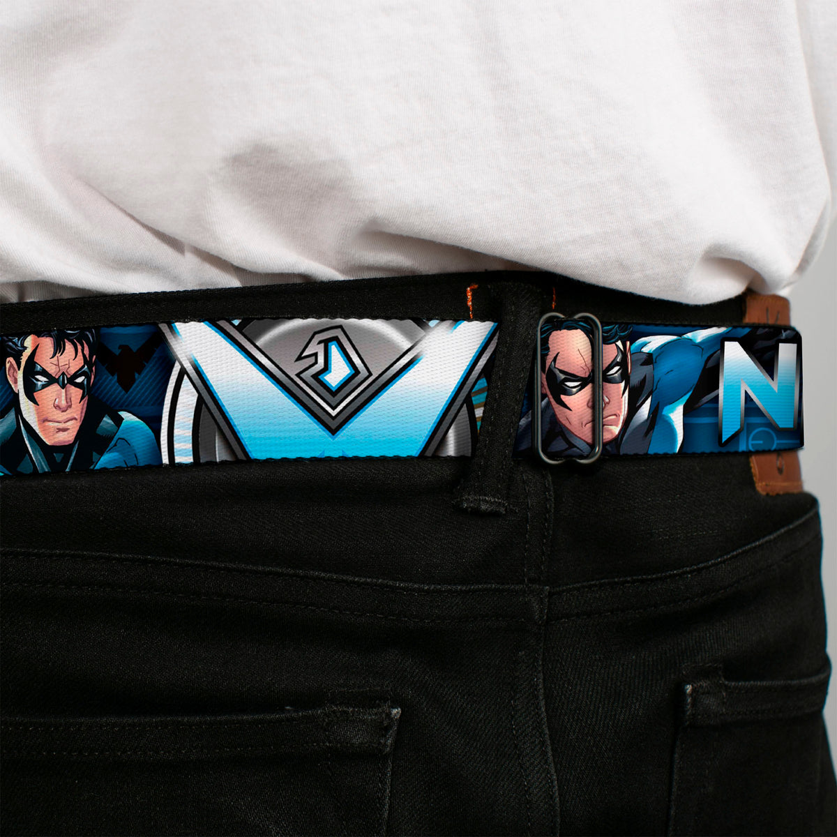 Nightwing Logo2 Full Color Black Blues Yellow Seatbelt Belt - NIGHTWING Poses/Logo Black/Blues Webbing Seatbelt Belts DC Comics