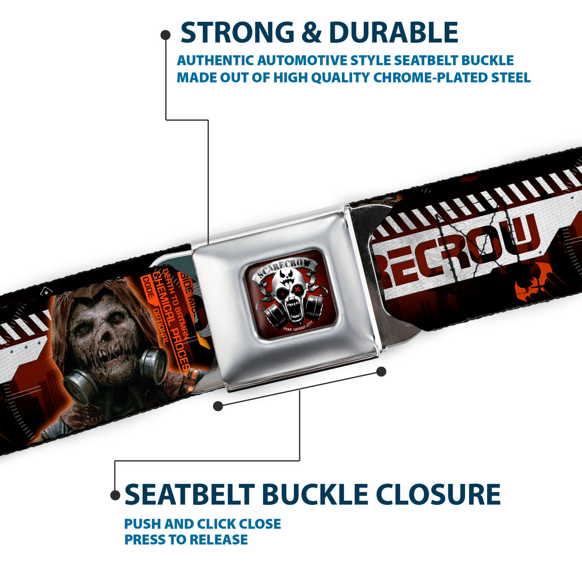 SCARECROW Arkham Knight Skull Icon Full Color Reds Seatbelt Belt - SCARECROW Arkham Knight Profile/2-Poses Orange/Black/White Webbing Seatbelt Belts DC Comics
