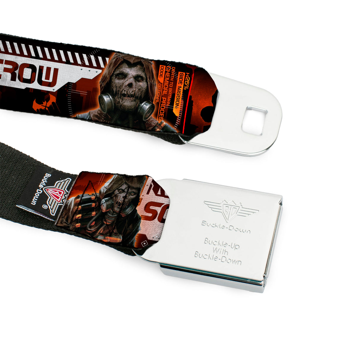 SCARECROW Arkham Knight Skull Icon Full Color Reds Seatbelt Belt - SCARECROW Arkham Knight Profile/2-Poses Orange/Black/White Webbing Seatbelt Belts DC Comics