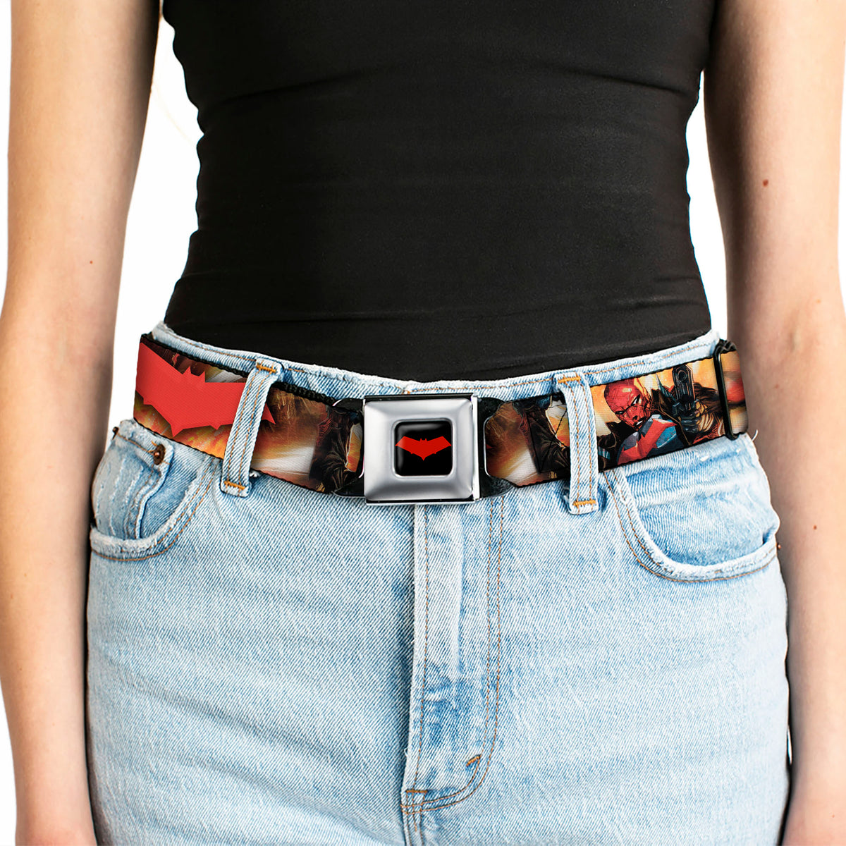 Red Hood Logo Full Color Black Red Seatbelt Belt - Red Hood and the Outlaws #29 Shooting/Explosion Cover Pose/Logo Webbing Seatbelt Belts DC Comics