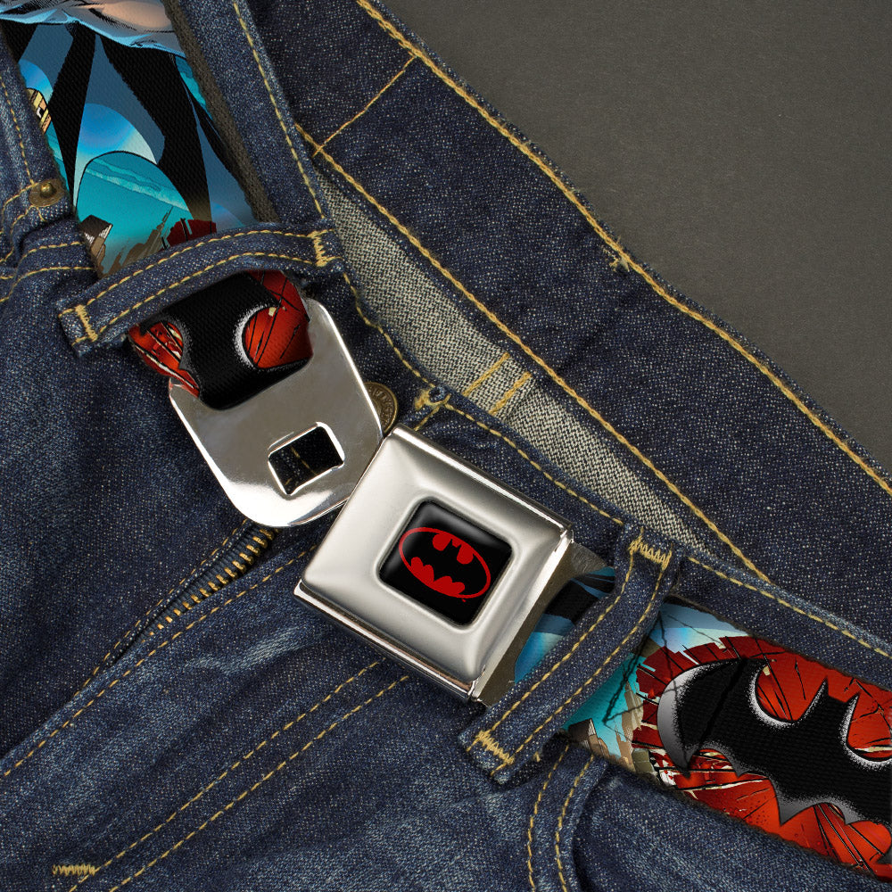 Batman Full Color Black Red Seatbelt Belt - Flashpoint Batman Action Pose2/Shattered Bat Signal/Cityscape Webbing Seatbelt Belts DC Comics