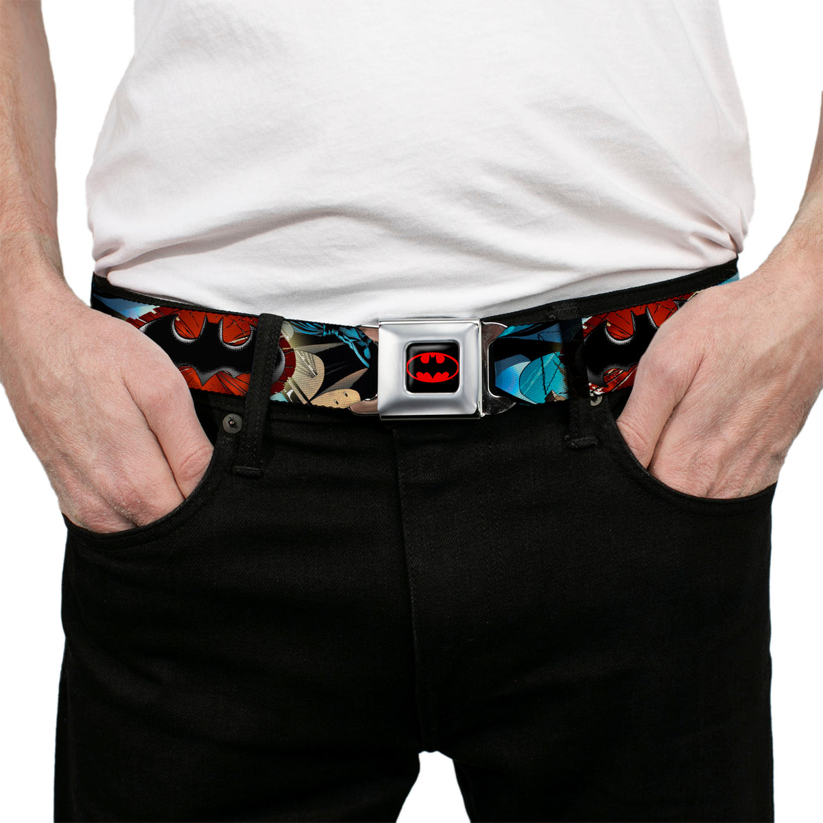 Batman Full Color Black Red Seatbelt Belt - Flashpoint Batman Action Pose2/Shattered Bat Signal/Cityscape Webbing Seatbelt Belts DC Comics