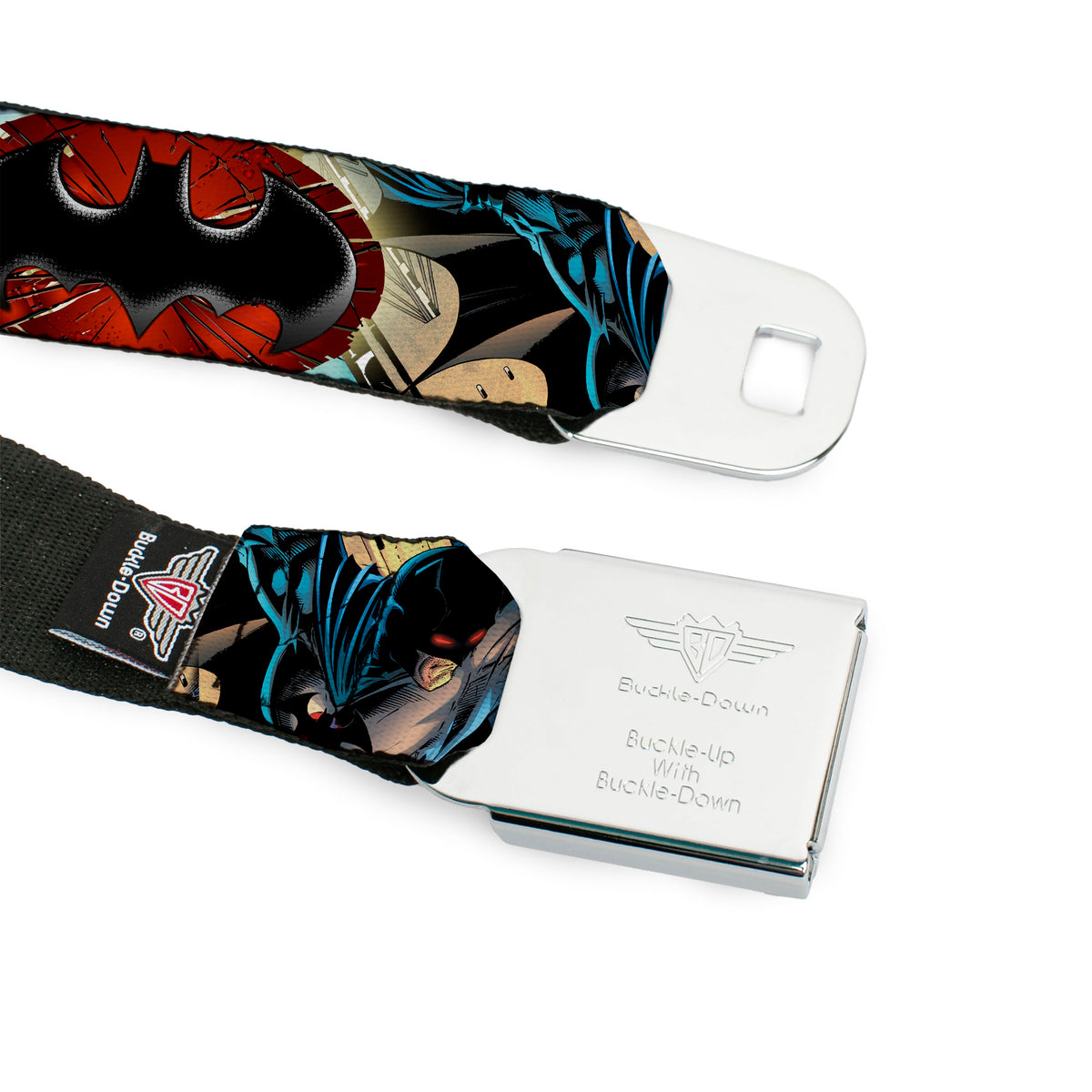Batman Full Color Black Red Seatbelt Belt - Flashpoint Batman Action Pose2/Shattered Bat Signal/Cityscape Webbing Seatbelt Belts DC Comics
