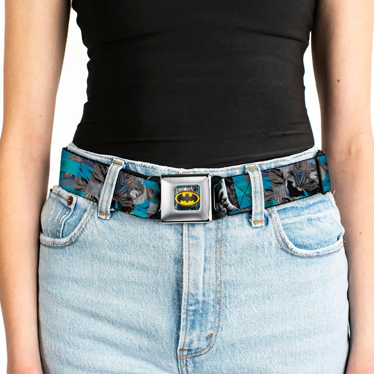 Bat Shield Glow Checkers Full Color Blues Grays Gold Black Seatbelt Belt - Batman Detective Comics 2-Poses/Bat Signal Checker Blues/Grays/Yellow/Black Webbing Seatbelt Belts DC Comics