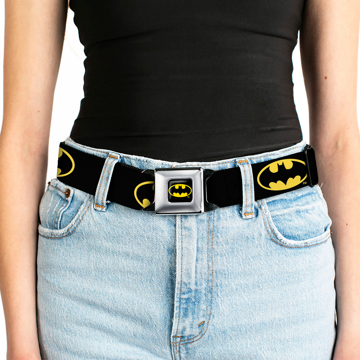 Batman Full Color Black/Yellow Seatbelt Belt - Batman Shield Black/Yellow Webbing Seatbelt Belts DC Comics