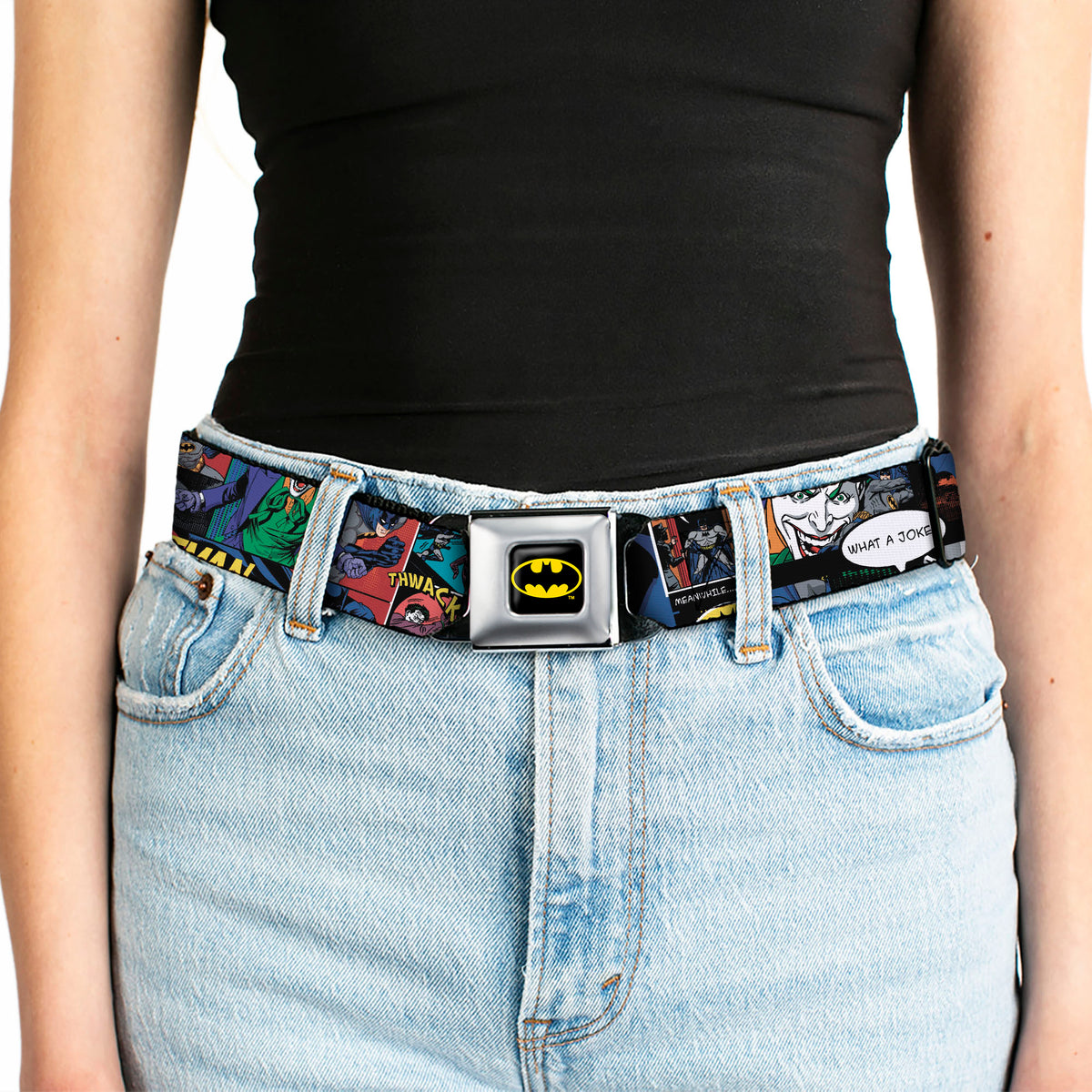 Batman Full Color Black Yellow Seatbelt Belt - Batman & Joker Comic Strip Webbing Seatbelt Belts DC Comics