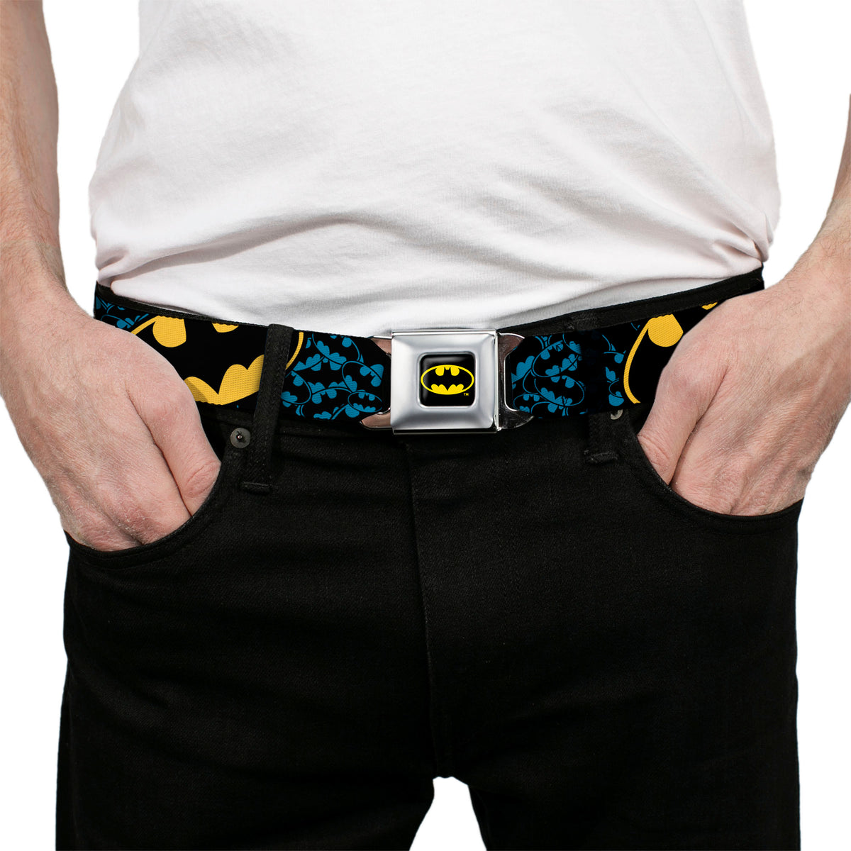 Batman Full Color Black Yellow Seatbelt Belt - Bat Signals Stacked w/CLOSE-UP Blue/Black/Yellow Webbing Seatbelt Belts DC Comics