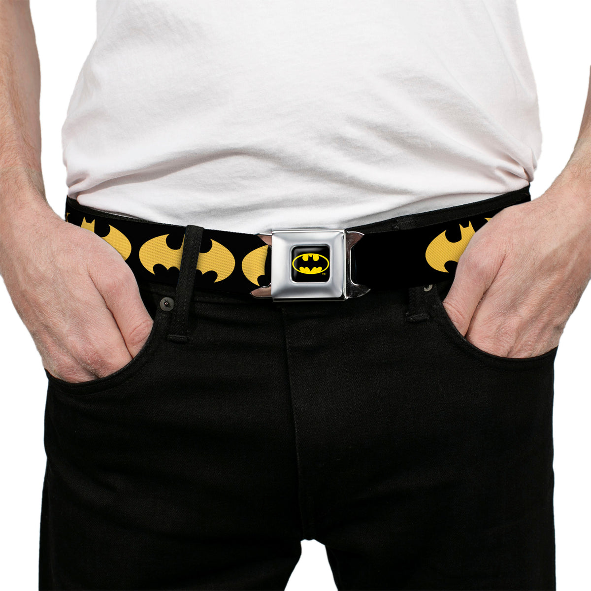 Batman Full Color Black Yellow Seatbelt Belt - Bat Signal-1 Black/Yellow Webbing Seatbelt Belts DC Comics