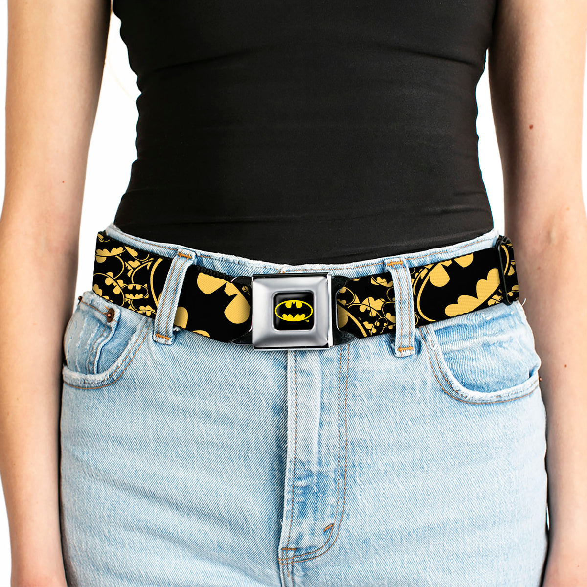 Batman Full Color Black Yellow Seatbelt Belt - Bat Signals Stacked w/CLOSE-UP Yellow/Black Webbing Seatbelt Belts DC Comics
