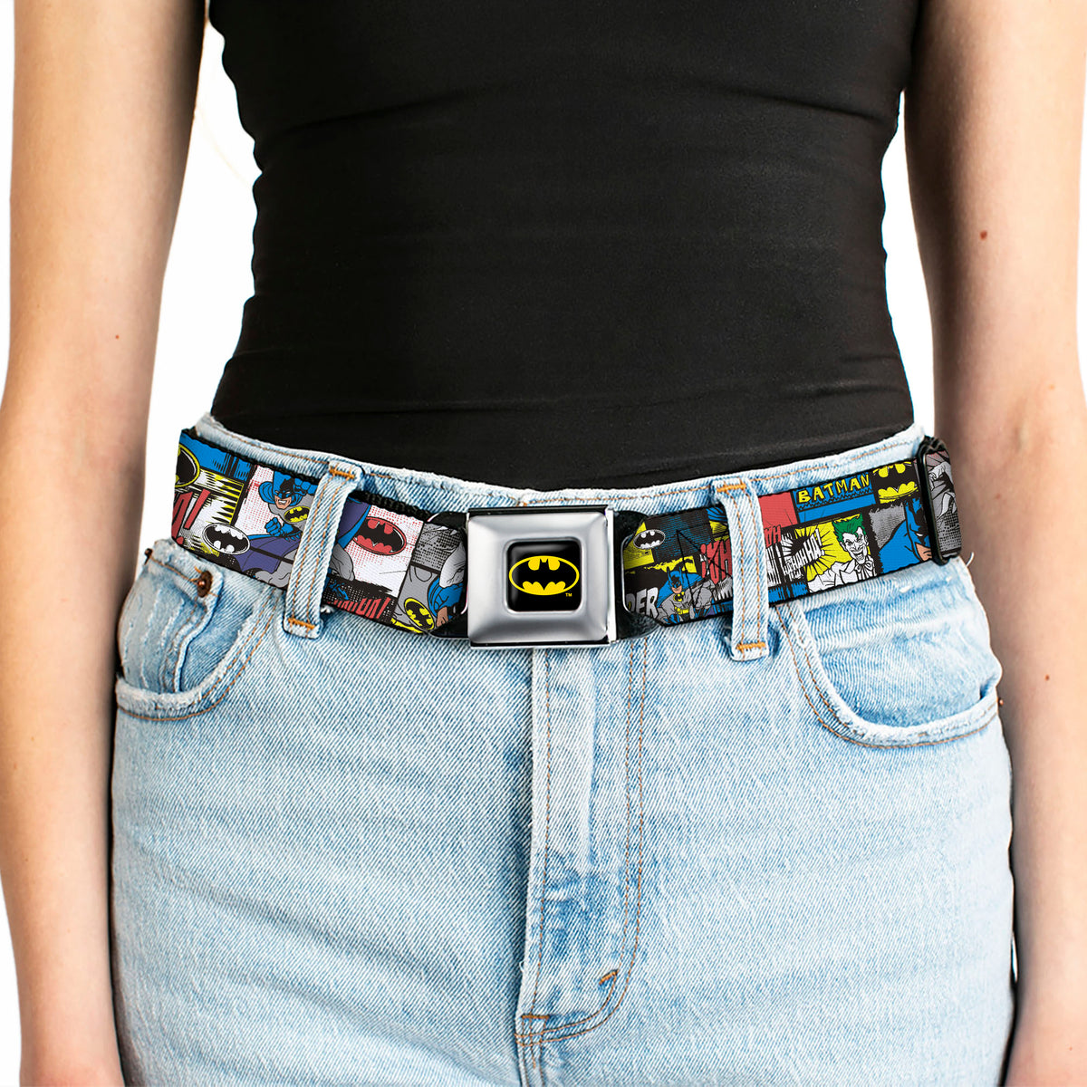 Batman Full Color Black Yellow Seatbelt Belt - Batman & Joker Comic Blocks Webbing Seatbelt Belts DC Comics