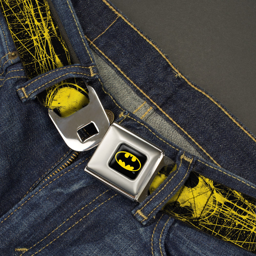 Batman Full Color Black Yellow Seatbelt Belt - Batman Shield CLOSE-UP Sketch Black/Yellow Webbing Seatbelt Belts DC Comics