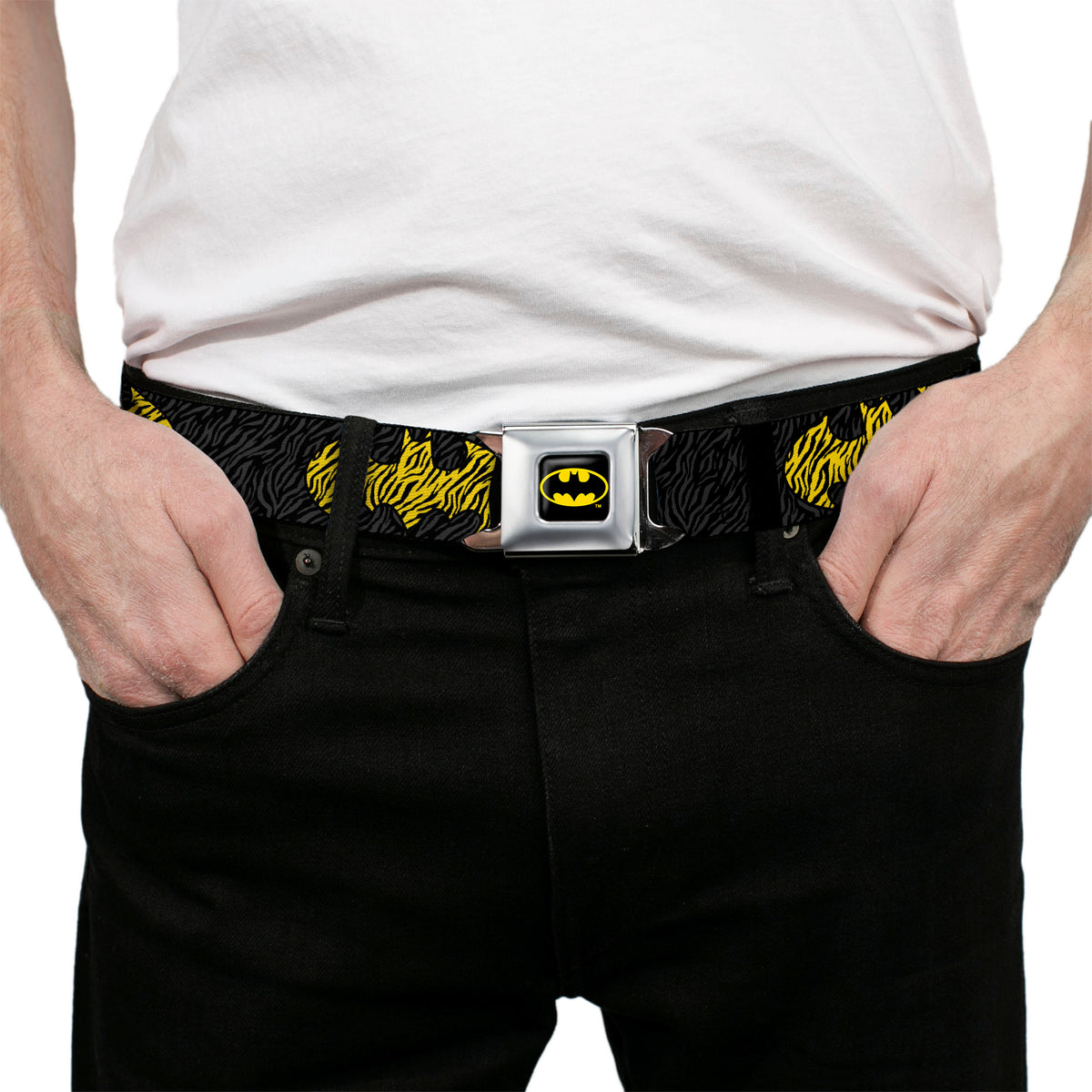 Batman Full Color Black Yellow Seatbelt Belt - Zebra Bat Signal Black/Gray/Yellow/Black Webbing Seatbelt Belts DC Comics