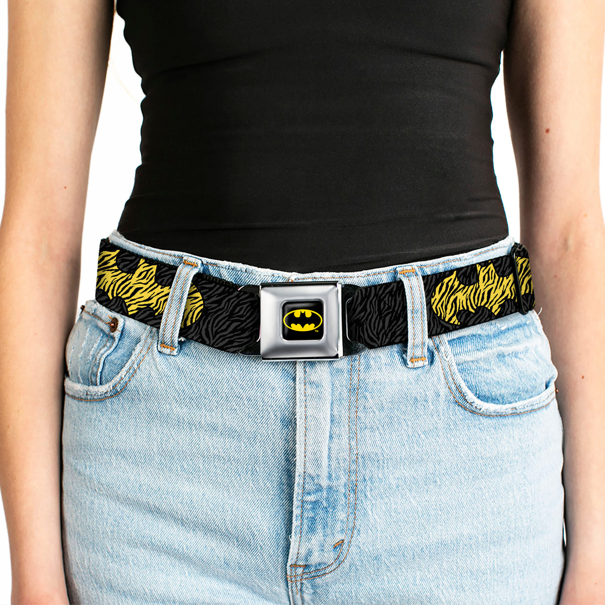 Batman Full Color Black Yellow Seatbelt Belt - Zebra Bat Signal Black/Gray/Yellow/Black Webbing Seatbelt Belts DC Comics