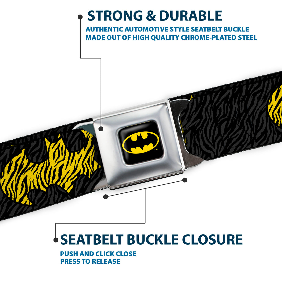 Batman Full Color Black Yellow Seatbelt Belt - Zebra Bat Signal Black/Gray/Yellow/Black Webbing Seatbelt Belts DC Comics