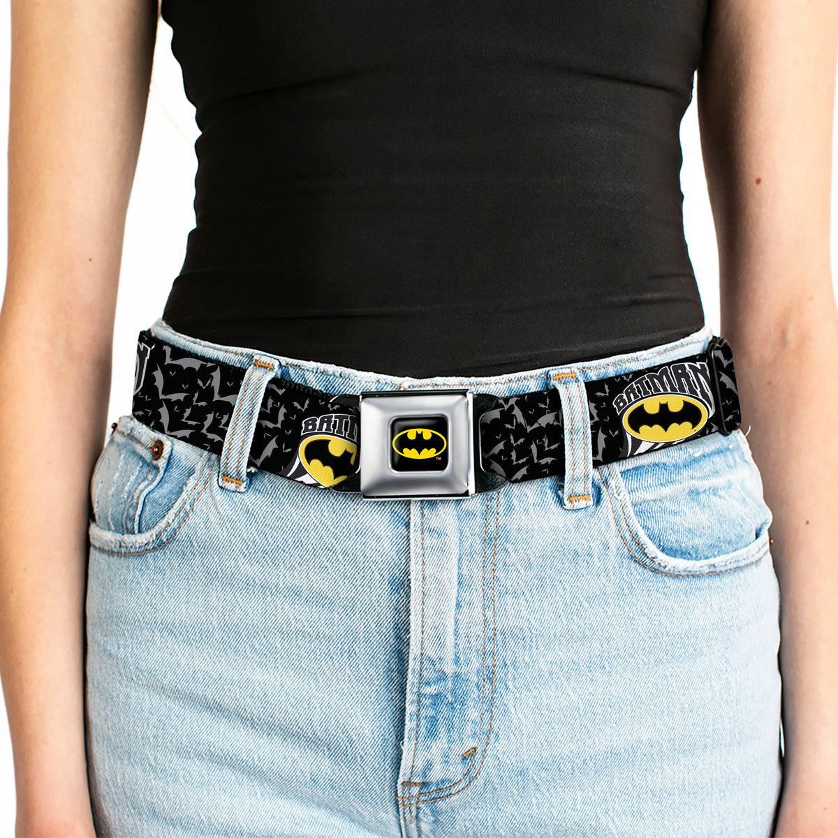 Batman Full Color Black Yellow Seatbelt Belt - BATMAN w/Bat Shield & Flying Bats Black/Gray Webbing Seatbelt Belts DC Comics