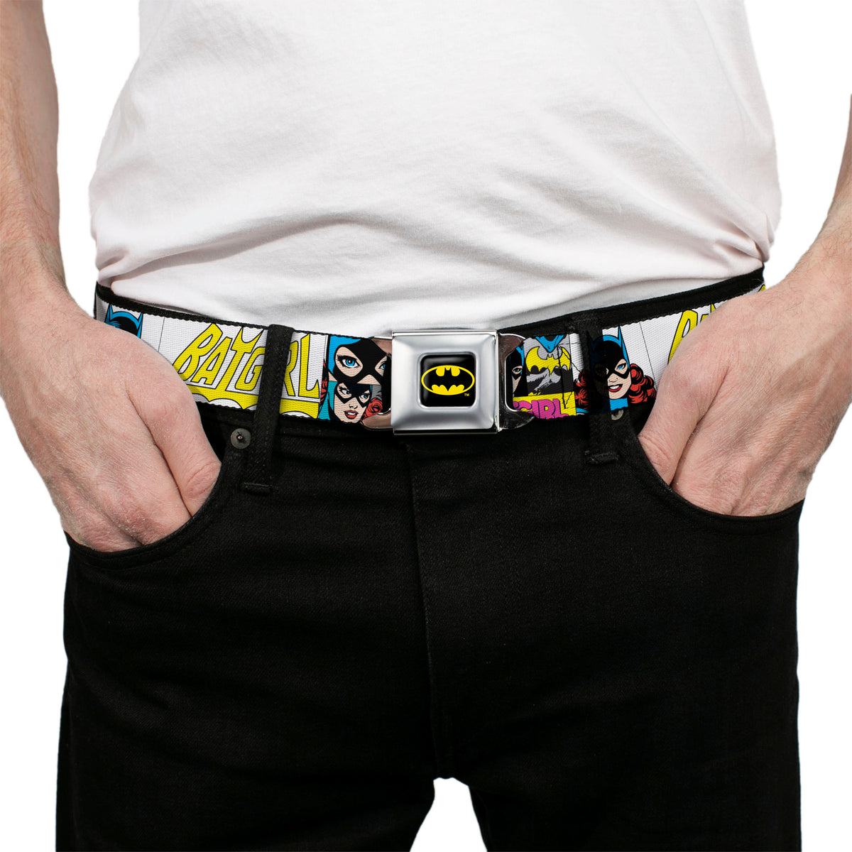 Batman Full Color Black Yellow Seatbelt Belt - BATGIRL Panels Yellow/Pink Webbing Seatbelt Belts DC Comics