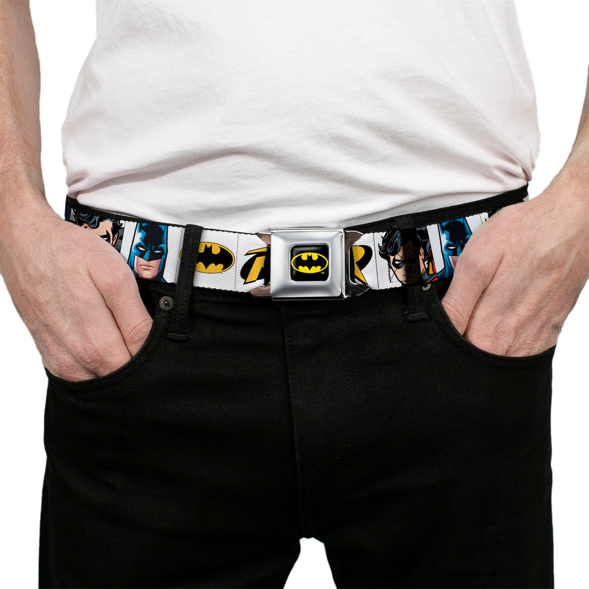 Batman Full Color Black Yellow Seatbelt Belt - Batman & Robin Blocks White Webbing Seatbelt Belts DC Comics