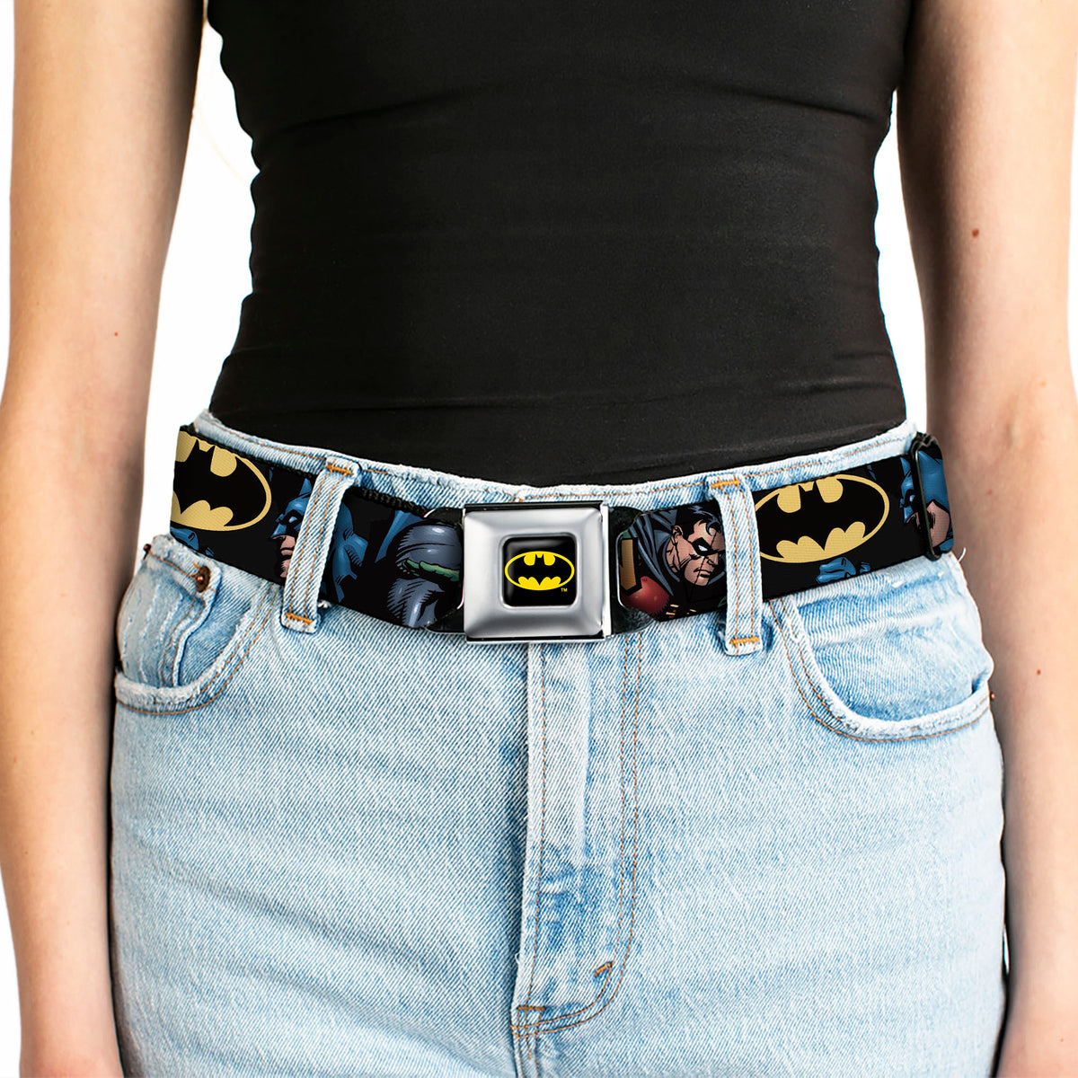 Batman Full Color Black Yellow Seatbelt Belt - Batman & Robin in Action w/Text Black Webbing Seatbelt Belts DC Comics