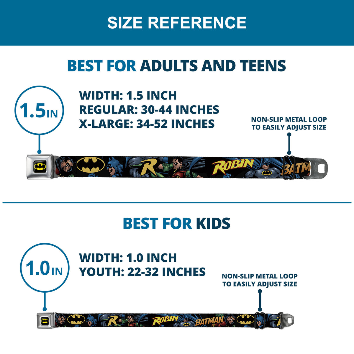 Batman Full Color Black Yellow Seatbelt Belt - Batman & Robin in Action w/Text Black Webbing Seatbelt Belts DC Comics