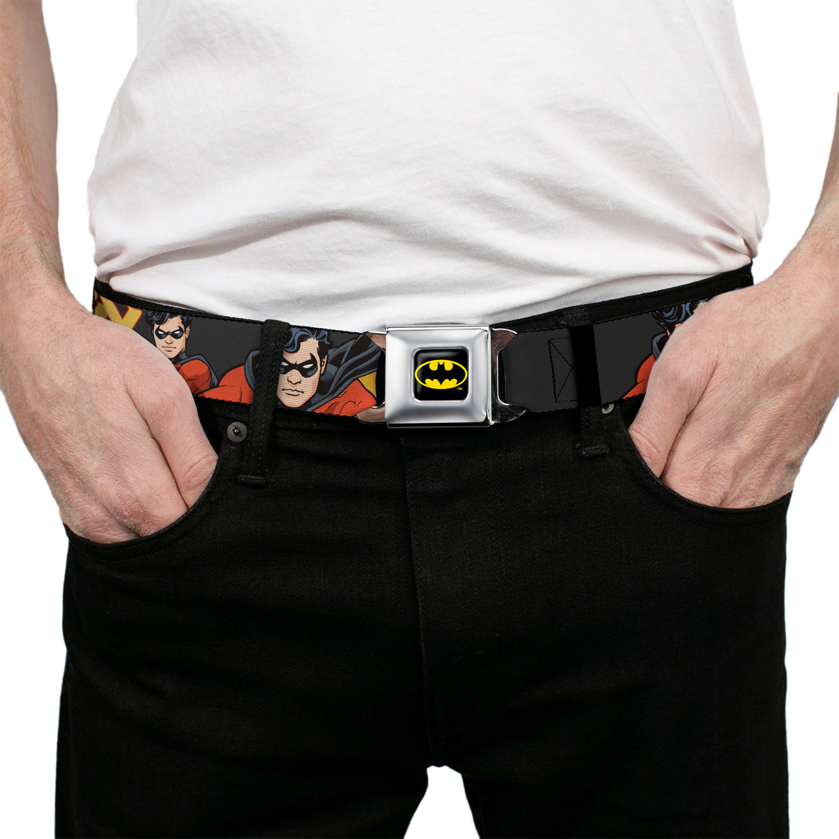 Batman Full Color Black Yellow Seatbelt Belt - ROBIN Red/Black Poses Gray Webbing Seatbelt Belts DC Comics