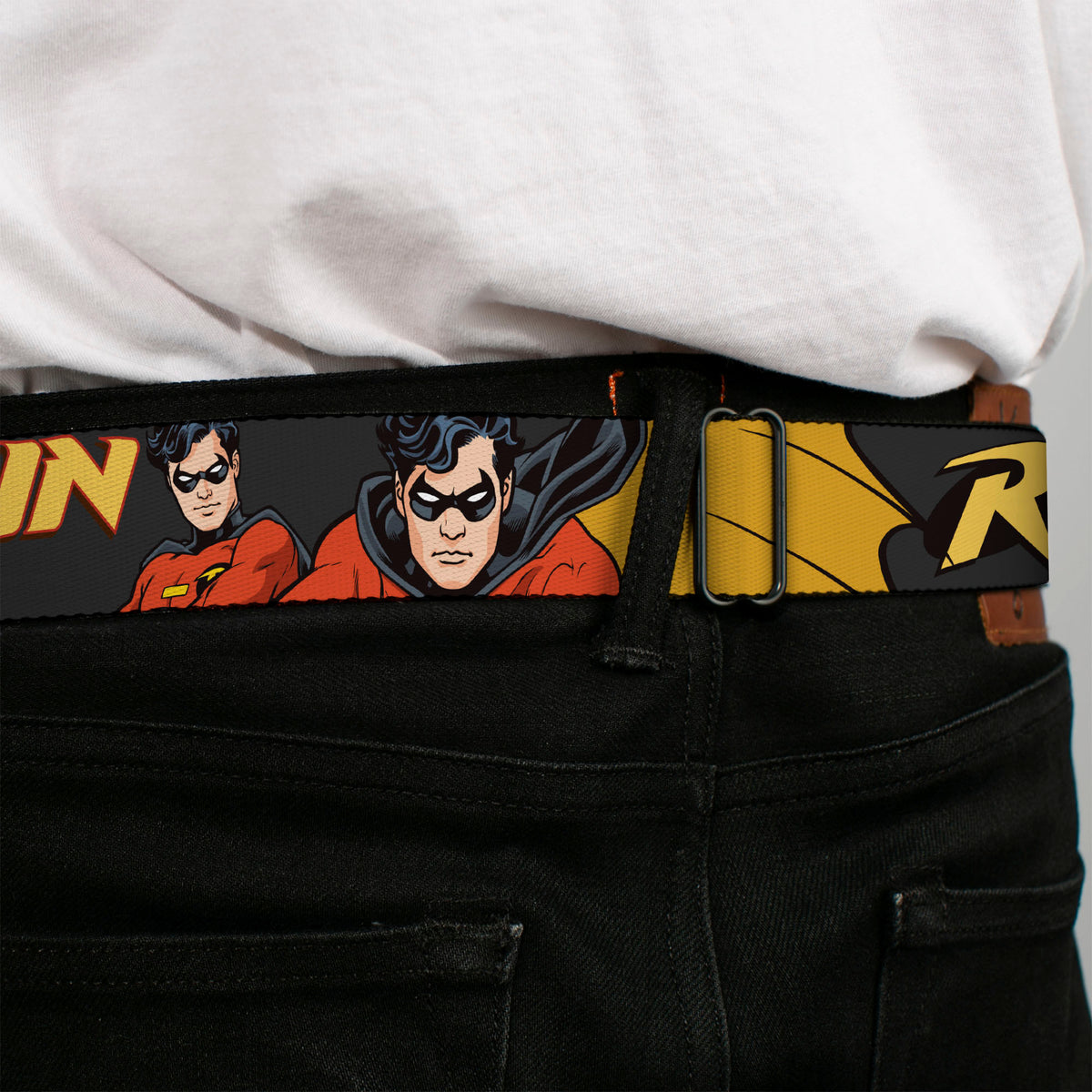 Batman Full Color Black Yellow Seatbelt Belt - ROBIN Red/Black Poses Gray Webbing Seatbelt Belts DC Comics
