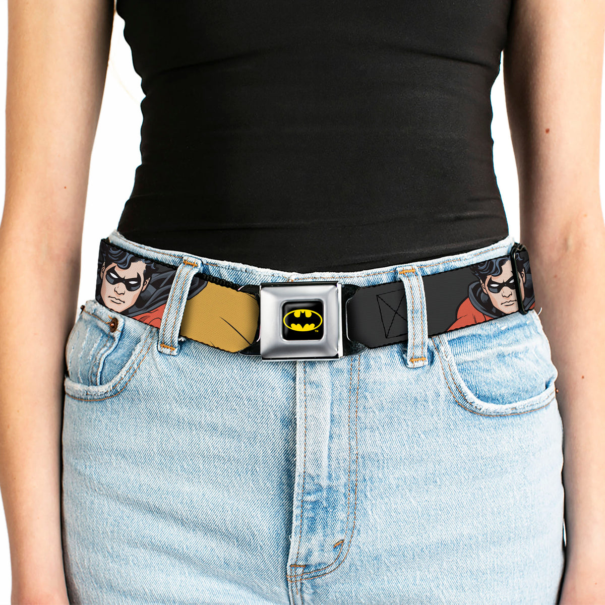Batman Full Color Black Yellow Seatbelt Belt - ROBIN Red/Black Poses Gray Webbing Seatbelt Belts DC Comics