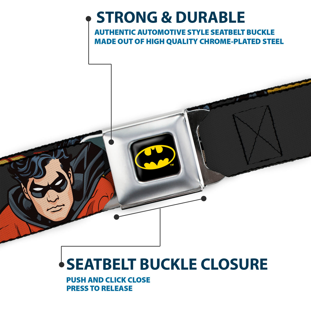 Batman Full Color Black Yellow Seatbelt Belt - ROBIN Red/Black Poses Gray Webbing Seatbelt Belts DC Comics