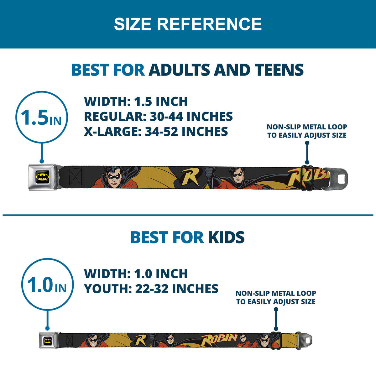 Batman Full Color Black Yellow Seatbelt Belt - ROBIN Red/Black Poses Gray Webbing Seatbelt Belts DC Comics