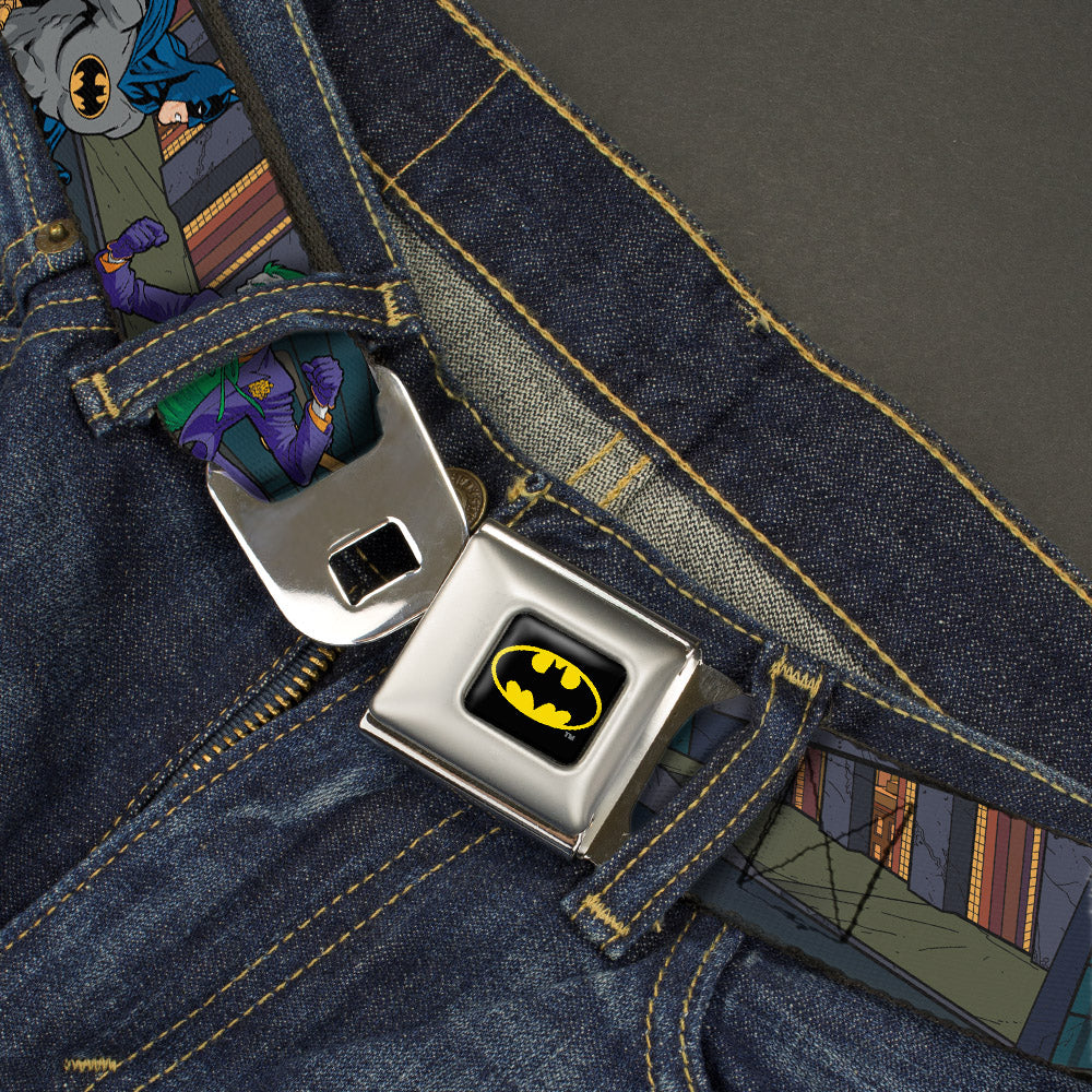 Batman Full Color Black Yellow Seatbelt Belt - Batman Battling Villains in Tunnel Webbing Seatbelt Belts DC Comics