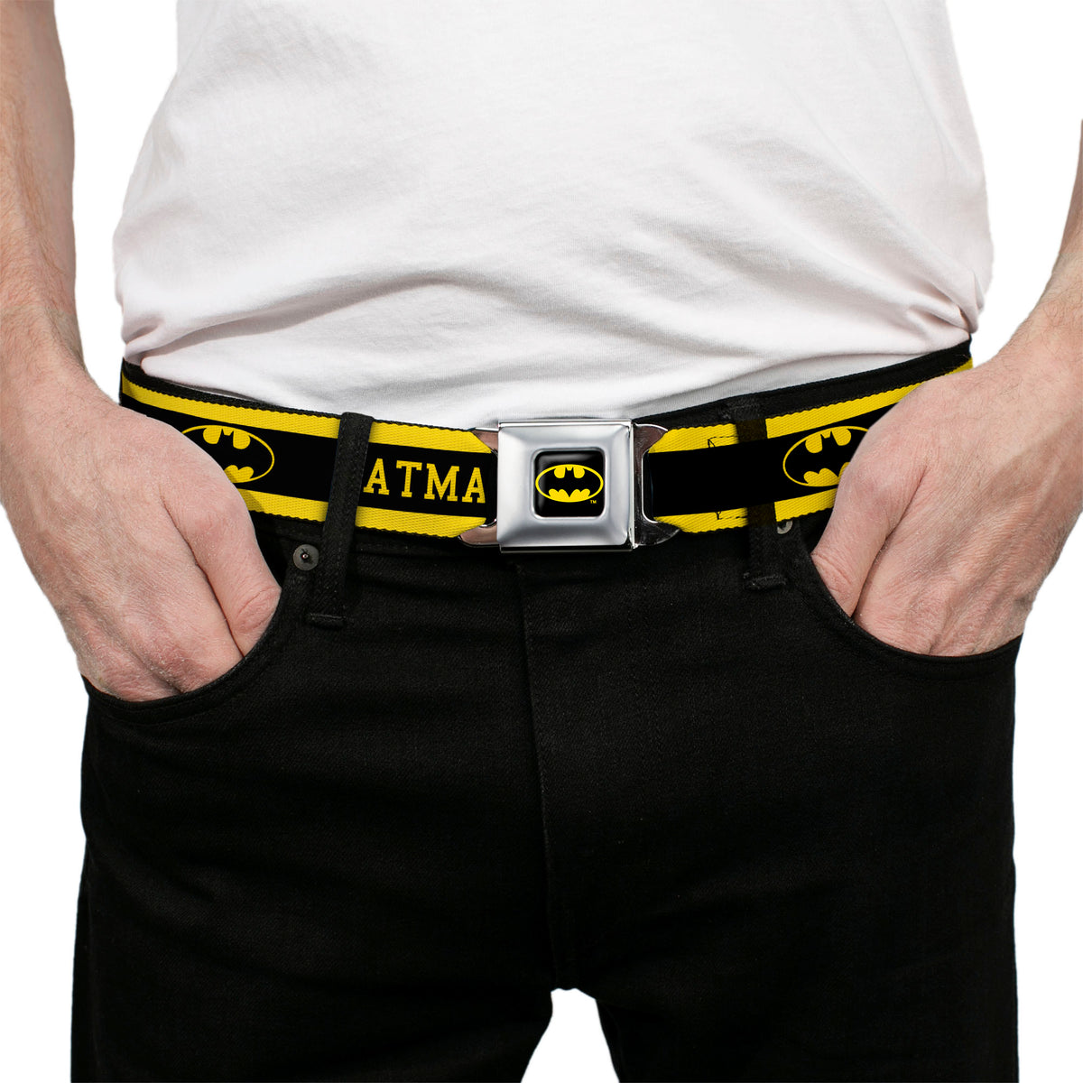 Batman Full Color Black Yellow Seatbelt Belt - BATMAN/Logo Stripe Yellow/Black Webbing Seatbelt Belts DC Comics