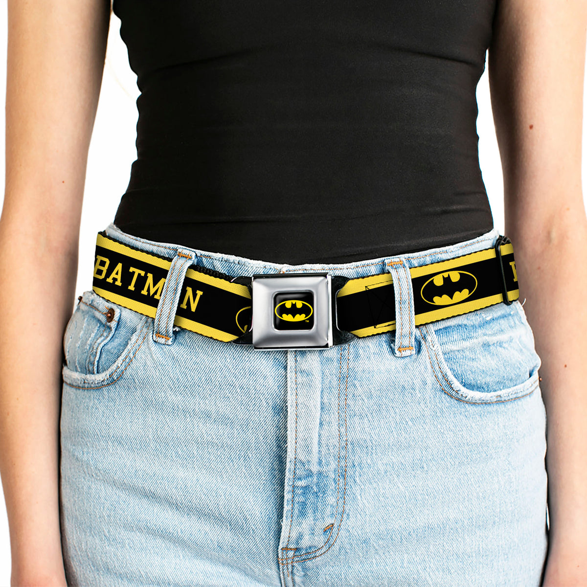 Batman Full Color Black Yellow Seatbelt Belt - BATMAN/Logo Stripe Yellow/Black Webbing Seatbelt Belts DC Comics