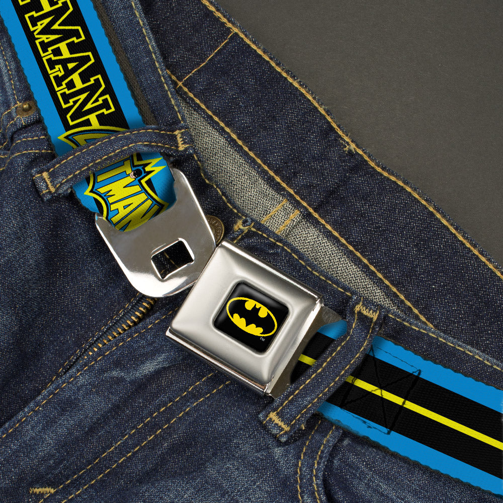 Batman Full Color Black Yellow Seatbelt Belt - BATMAN/Retro Logos Stripe Blue/Black/Yellow Webbing Seatbelt Belts DC Comics
