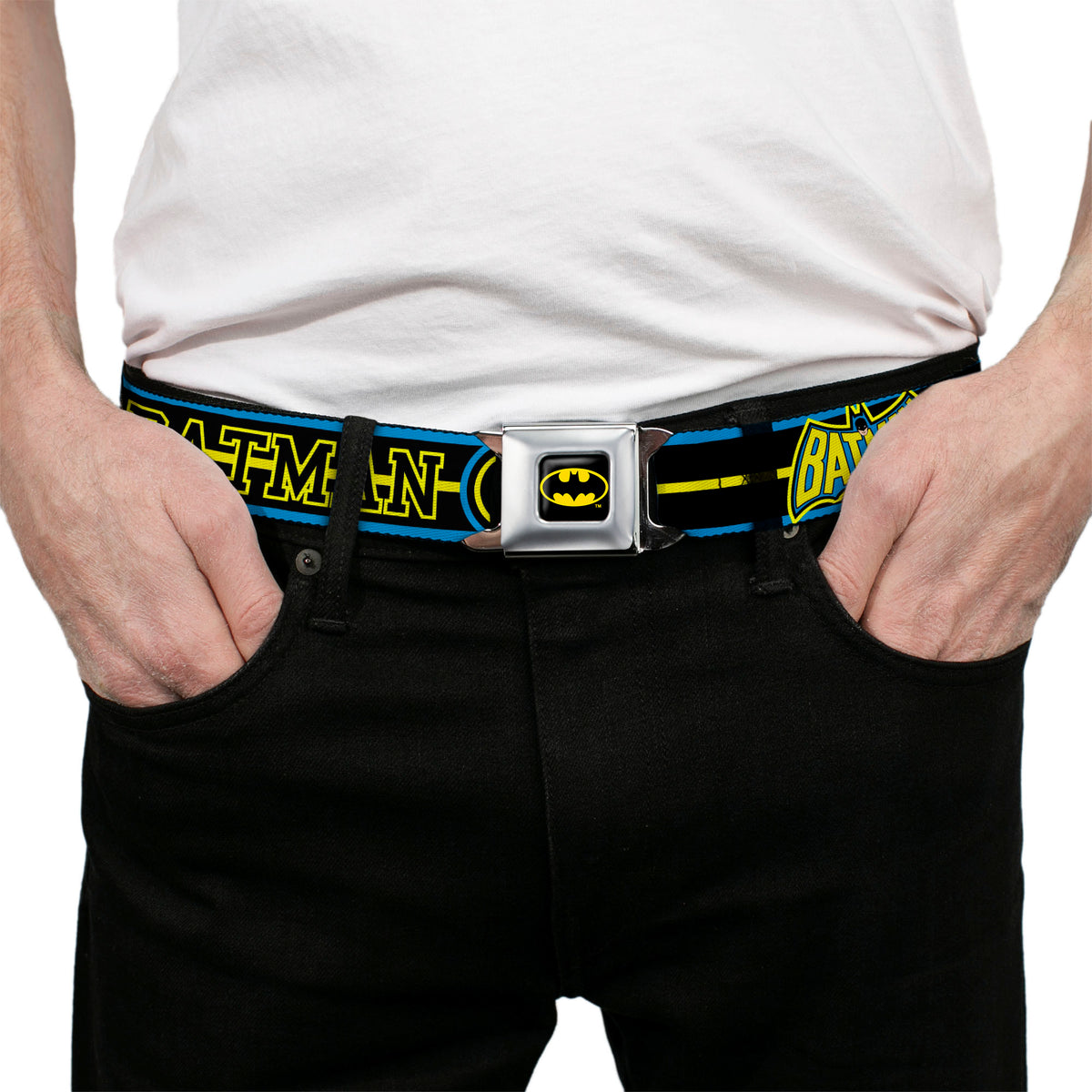 Batman Full Color Black Yellow Seatbelt Belt - BATMAN/Retro Logos Stripe Blue/Black/Yellow Webbing Seatbelt Belts DC Comics