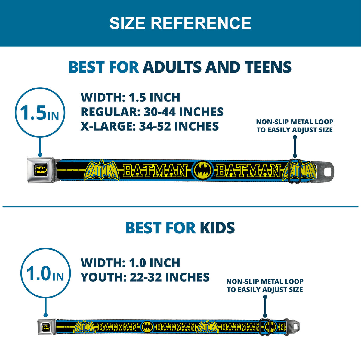 Batman Full Color Black Yellow Seatbelt Belt - BATMAN/Retro Logos Stripe Blue/Black/Yellow Webbing Seatbelt Belts DC Comics